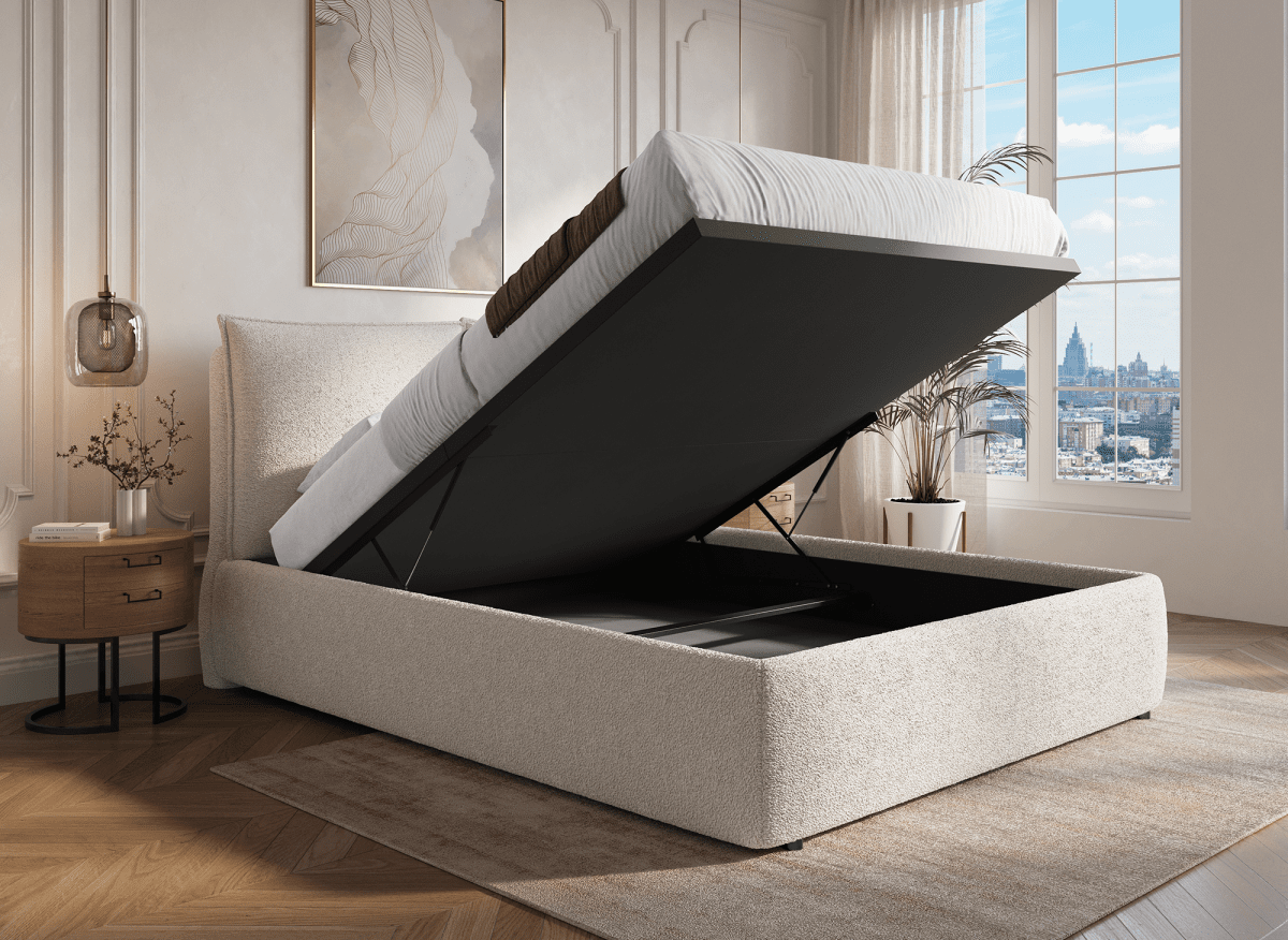 Lit coffre en tissu bouclette beige 160x200 cm MELY - DécoInParis