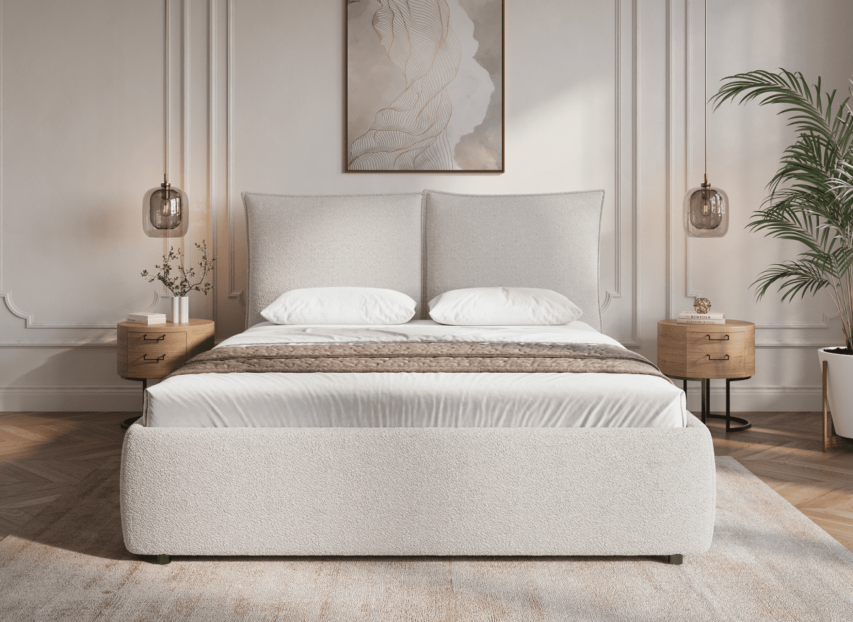 Lit coffre en tissu bouclette beige 160x200 cm MELY - DécoInParis