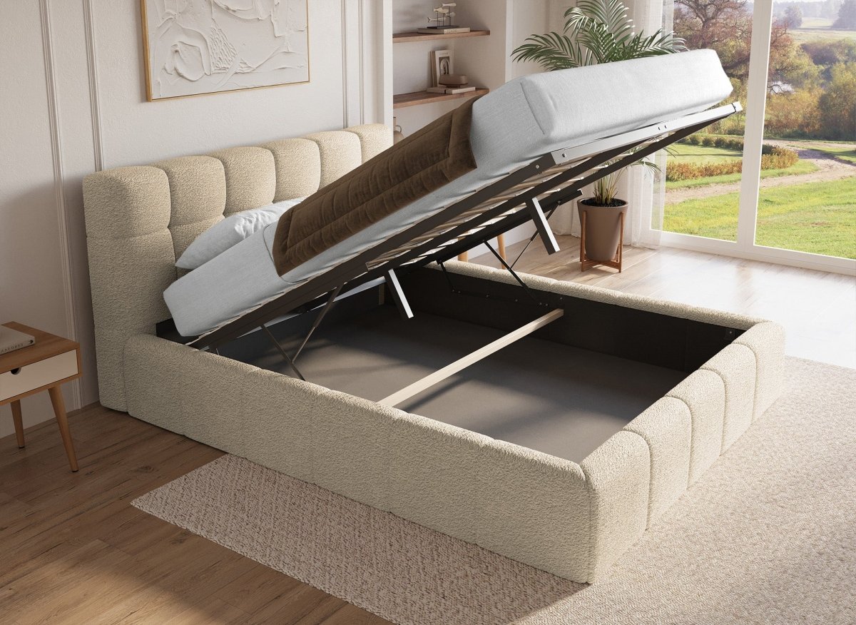 Lit coffre en tissu bouclette beige 160x200 cm MILIE - DécoInParis