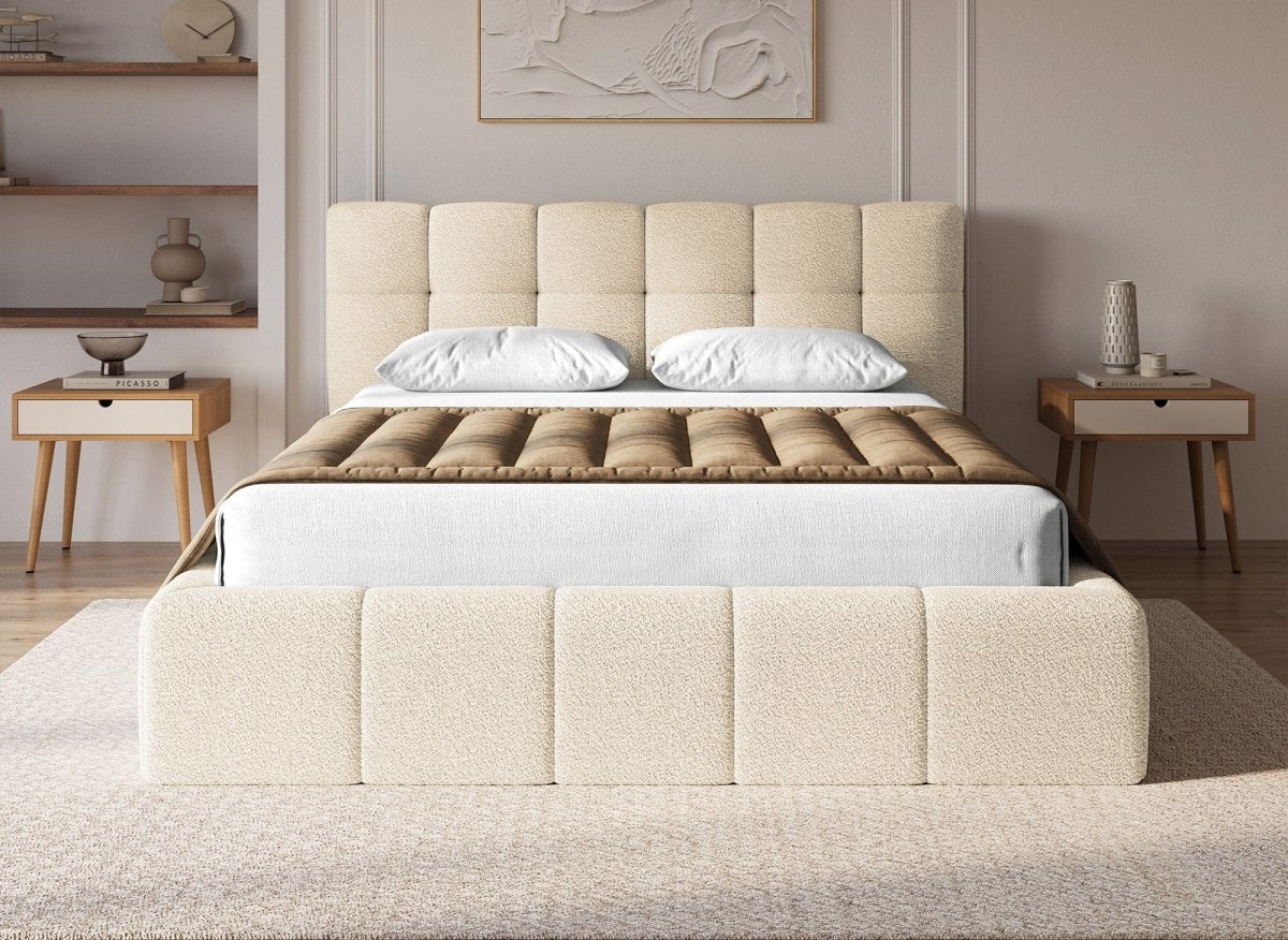 Lit coffre en tissu bouclette beige 160x200 cm MILIE - DécoInParis