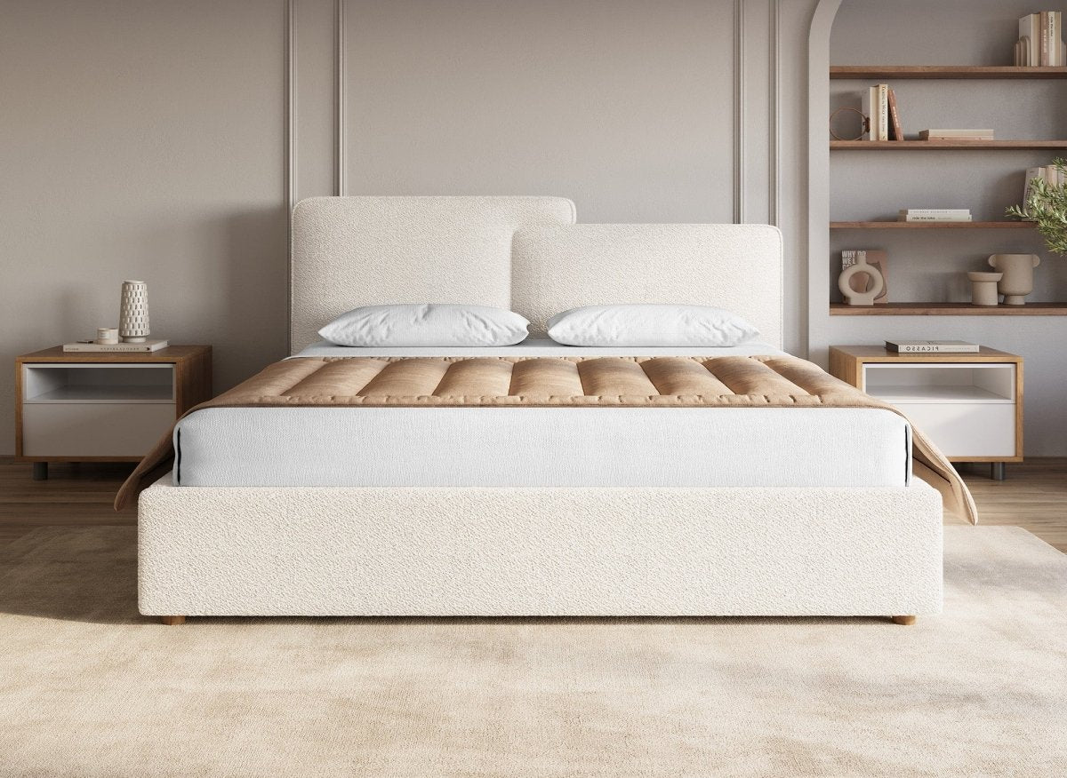 Lit coffre en tissu bouclette beige 160x200 cm ZELIA - DécoInParis