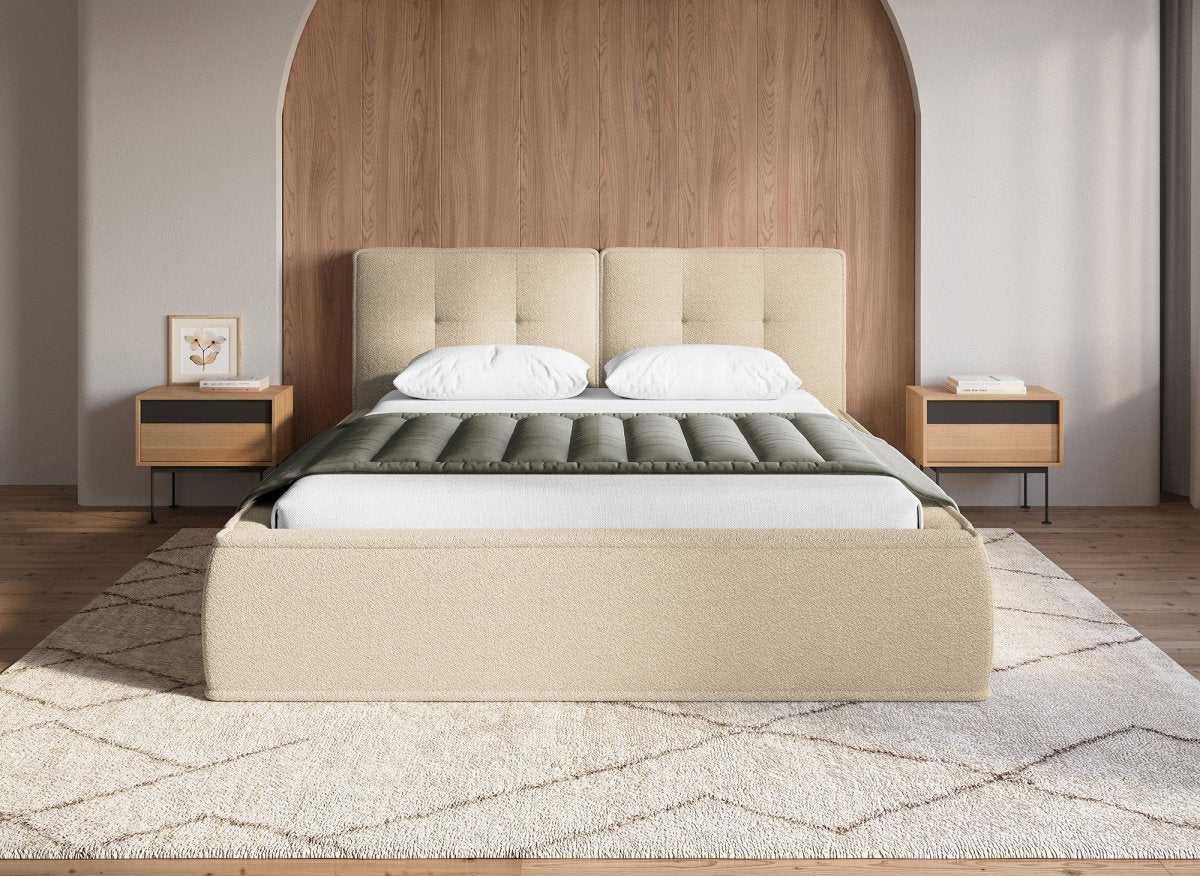 Lit coffre en tissu bouclette beige 180x200cm YUNA - DécoInParis