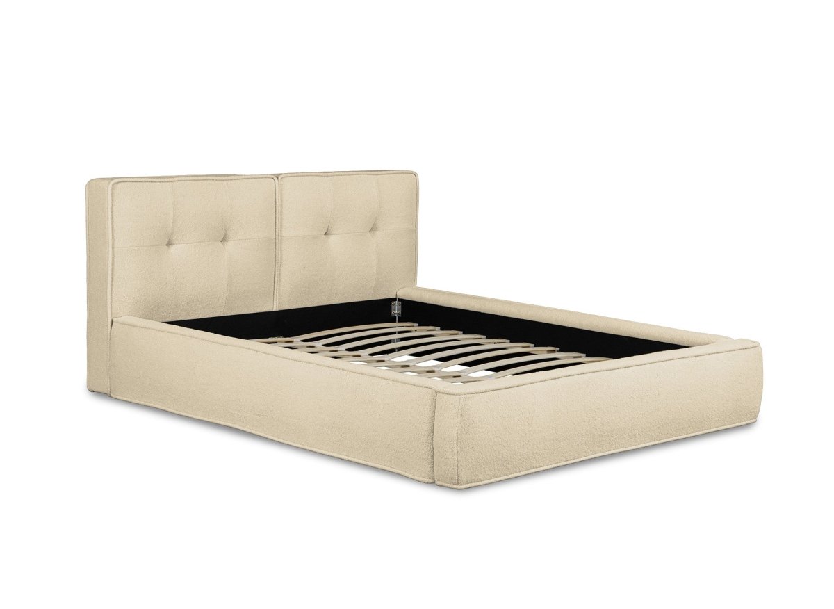 Lit coffre en tissu bouclette beige 180x200cm YUNA - DécoInParis