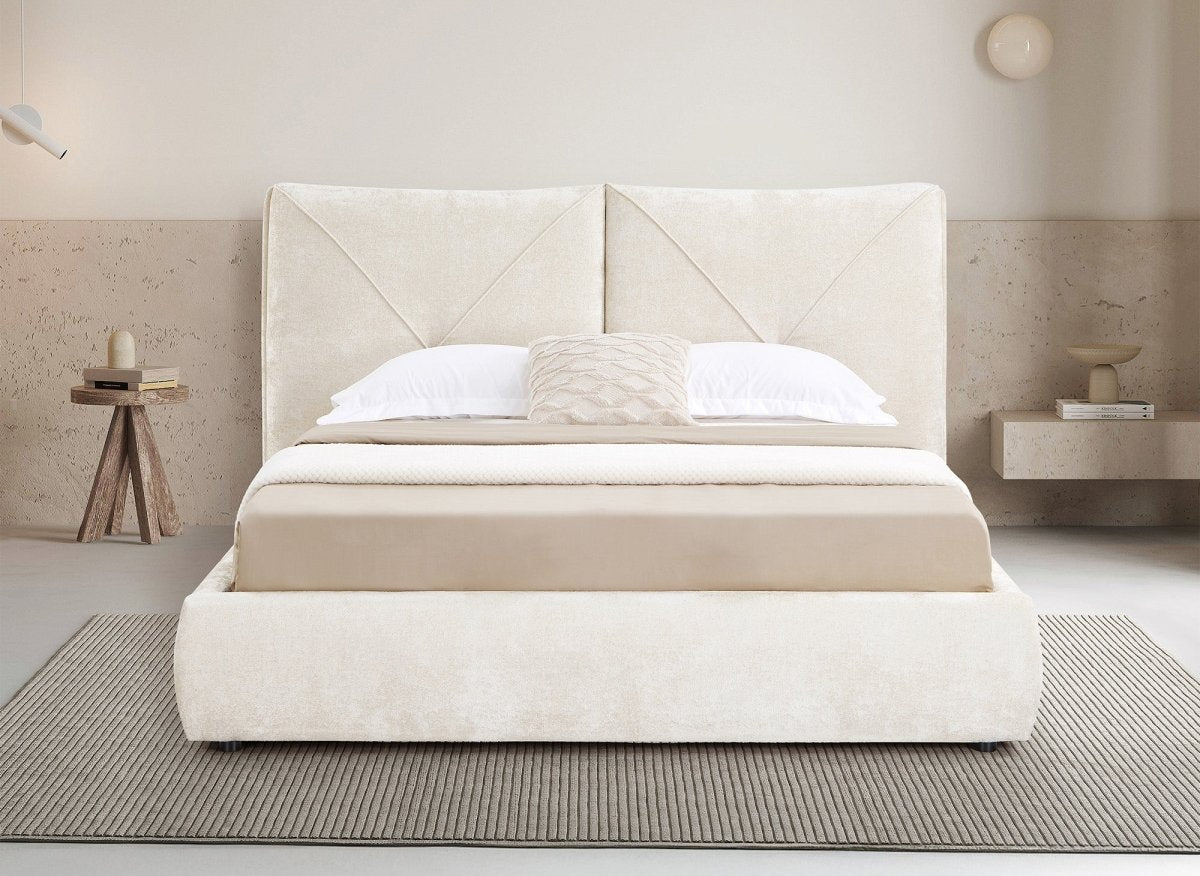 Lit coffre en tissu bouclette doux beige 160x200 cm NOAH - DécoInParis