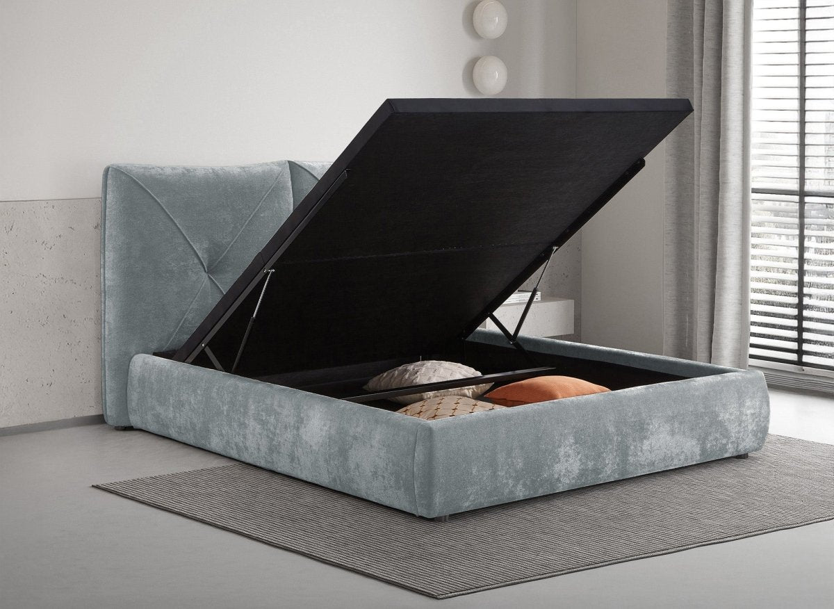 Lit coffre en tissu bouclette doux gris 140x190 cm NOAH - DécoInParis