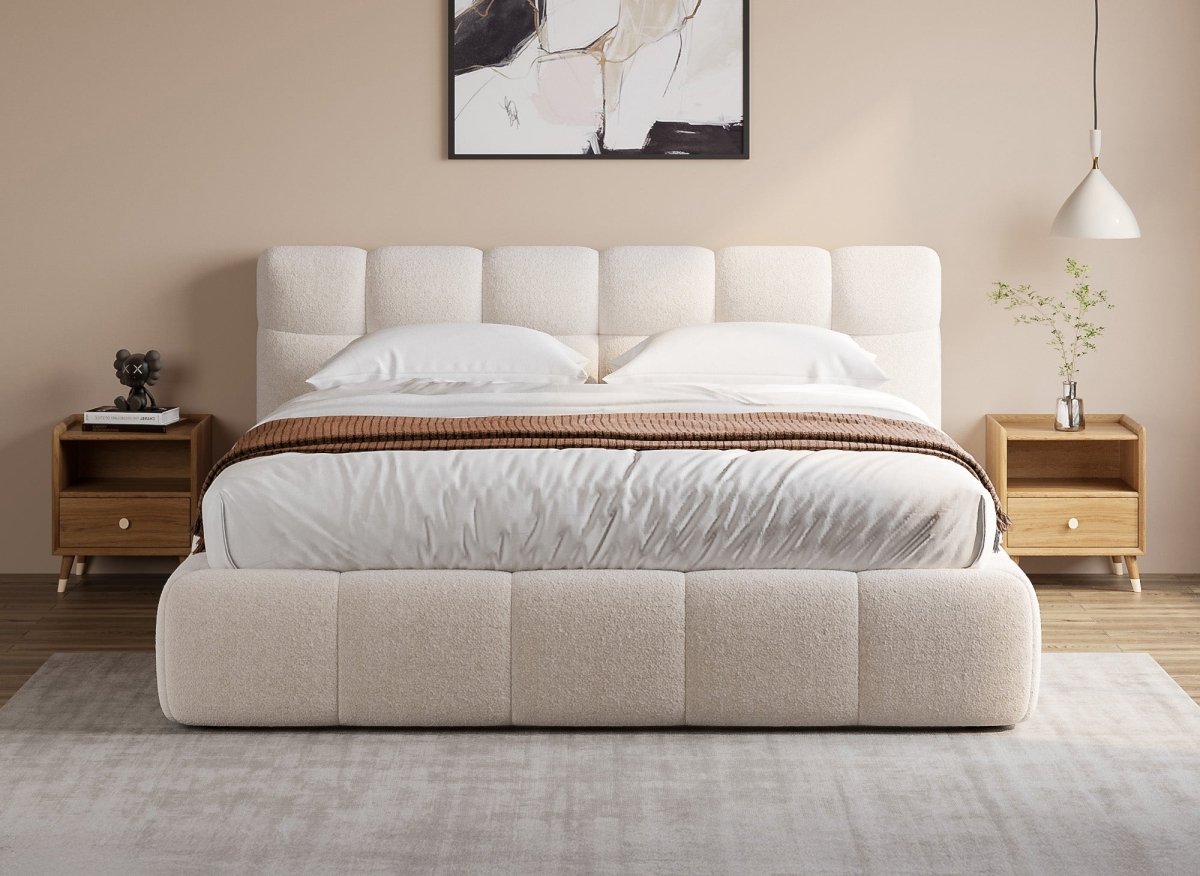 Lit coffre en tissu bouclette écru 140x190 cm GEORGINA - DécoInParis