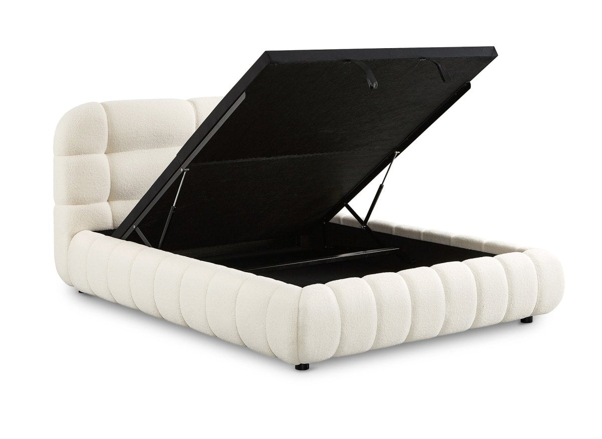 Lit coffre en tissu bouclette écru 140x190 cm YOURI - DécoInParis