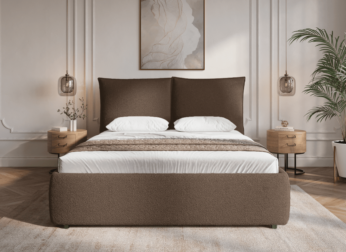 Lit coffre en tissu bouclette marron 140x190 cm MELY - DécoInParis