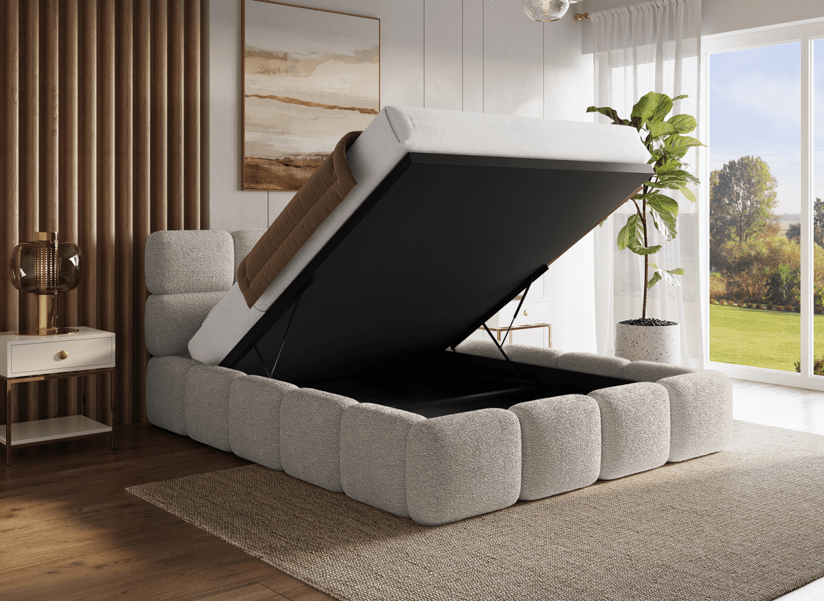 Lit coffre en tissu bouclette taupe 140x190 cm BUBBLE - DécoInParis