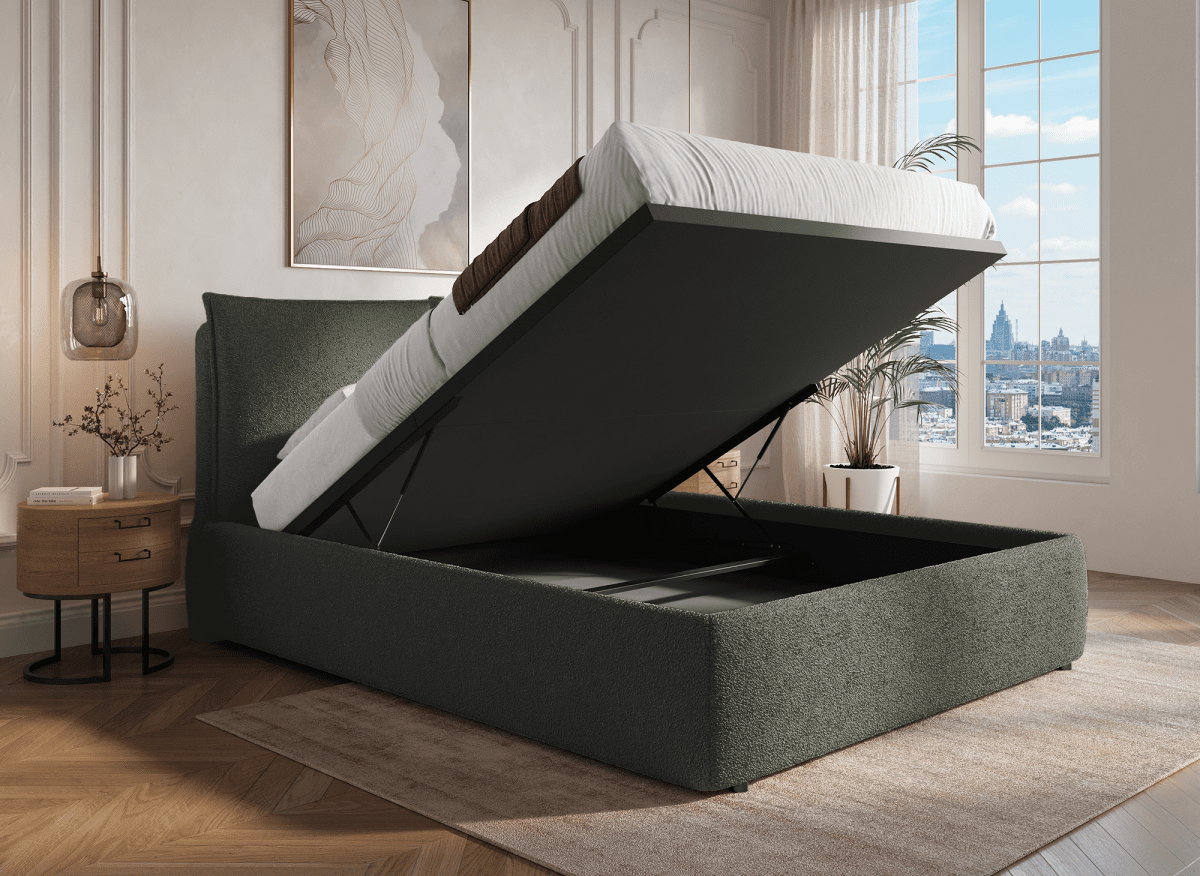 Lit coffre en tissu bouclette vert olive 160x200 cm MELY - DécoInParis