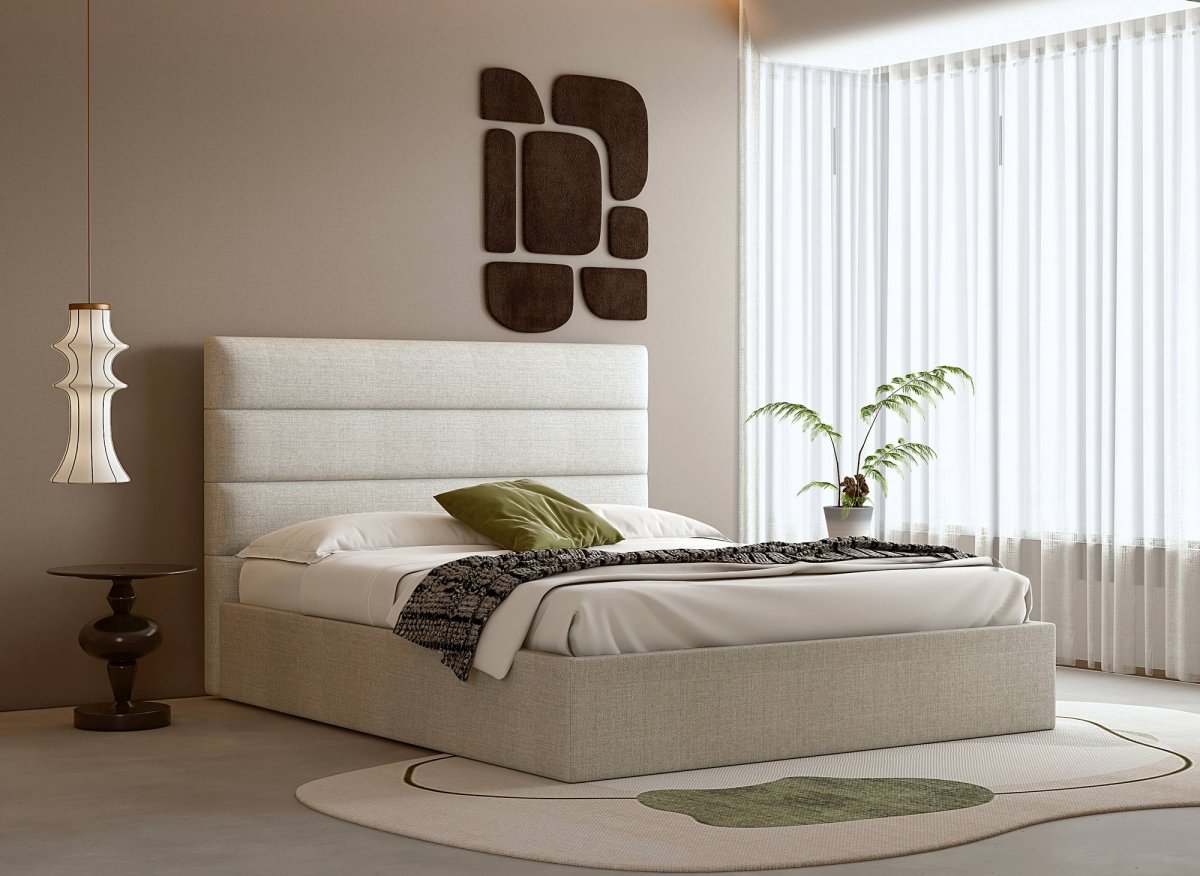 Lit coffre en tissu lin beige 160 x 200 cm SHANNA - DécoInParis