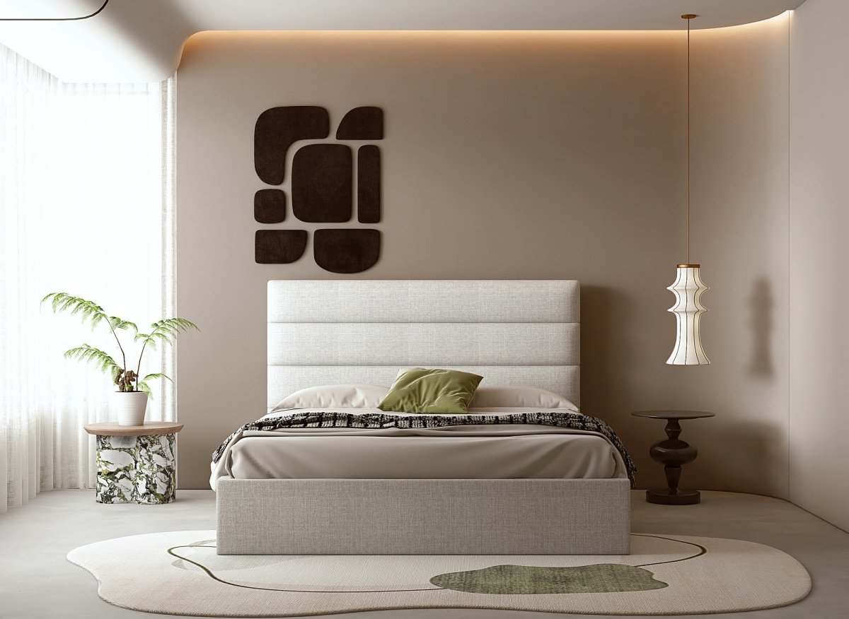 Lit coffre en tissu lin beige 160 x 200 cm SHANNA - DécoInParis