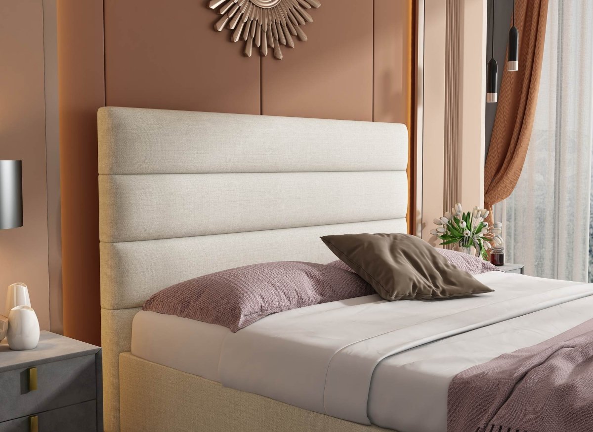 Lit coffre en tissu lin beige 180 x 200 cm SHANNA - DécoInParis