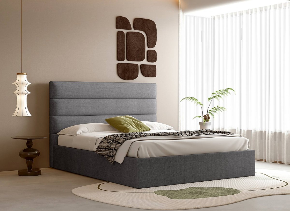 Lit coffre en tissu lin gris 160 x 200 cm SHANNA - DécoInParis