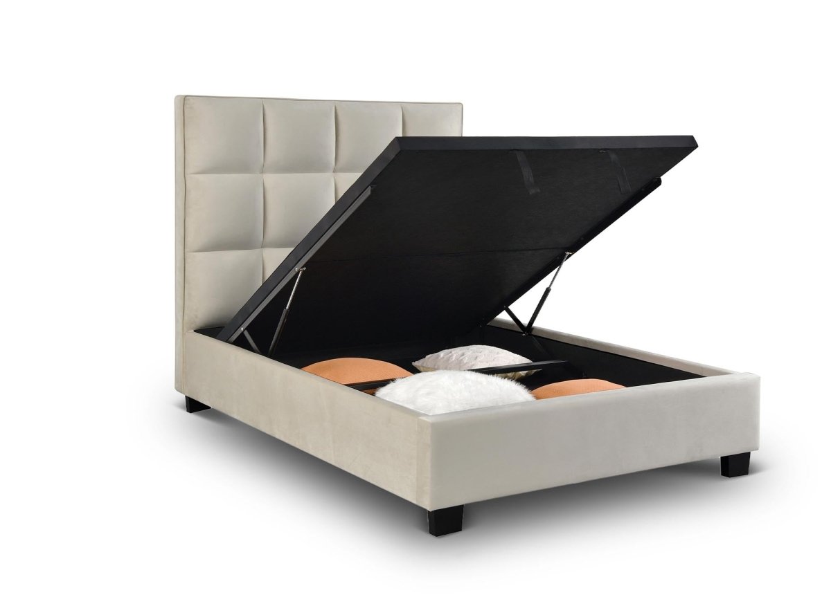 Lit coffre en velours beige design CAROLINE 140 x 190 cm - DécoInParis