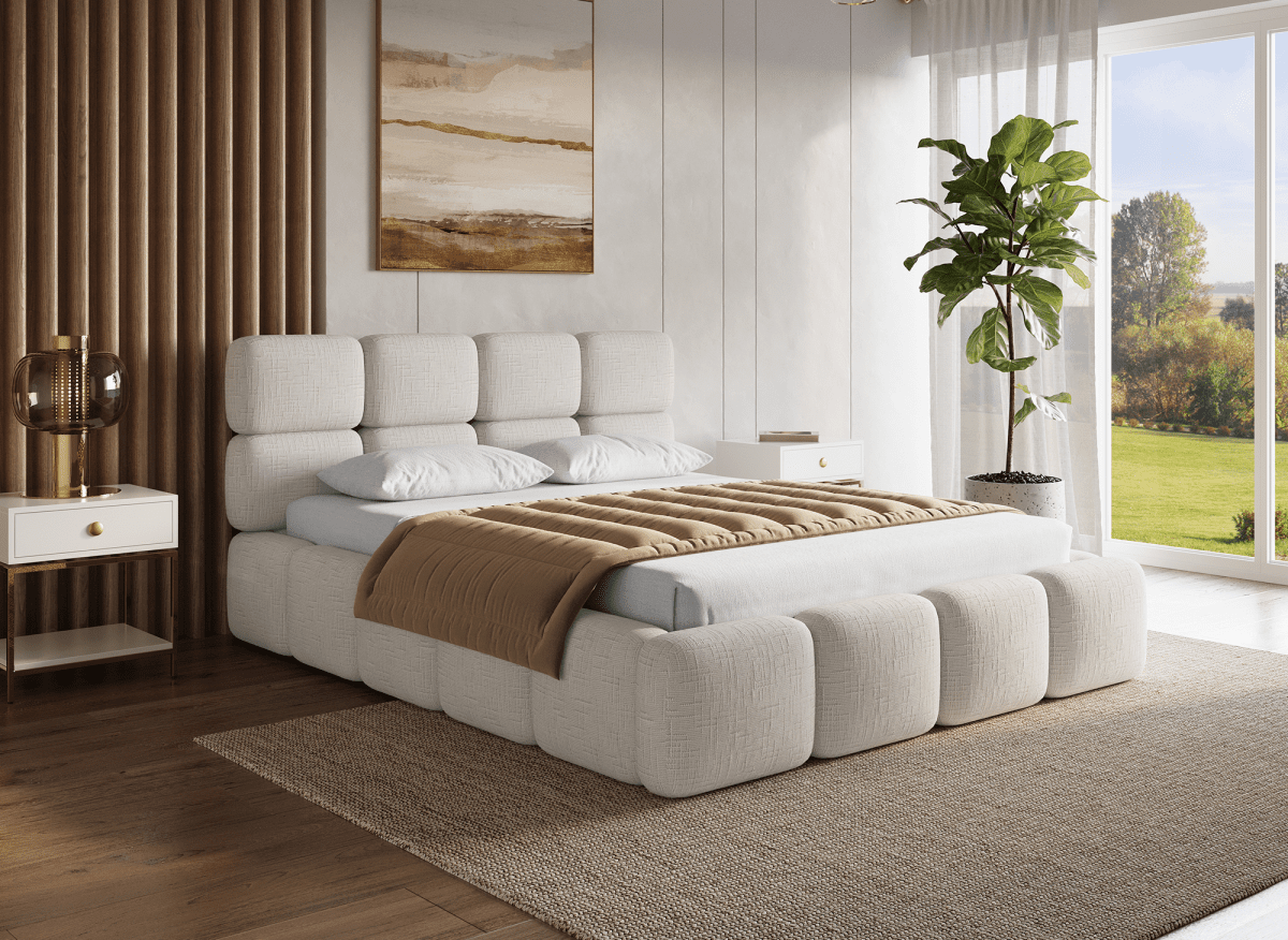 Lit coffre en velours chiné beige 140x190 cm BUBBLE - DécoInParis