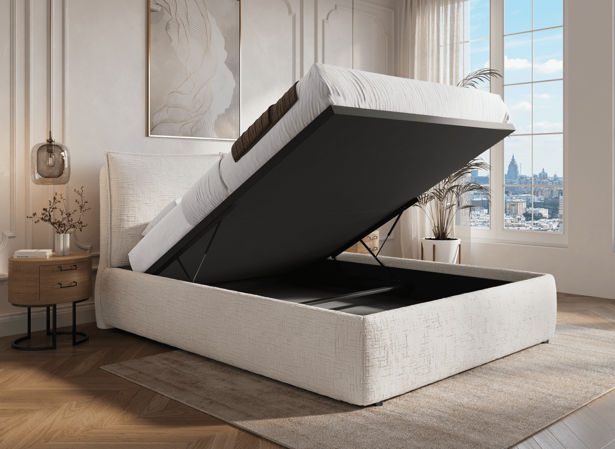 Lit coffre en velours chiné beige 160x200 cm MELY - DécoInParis