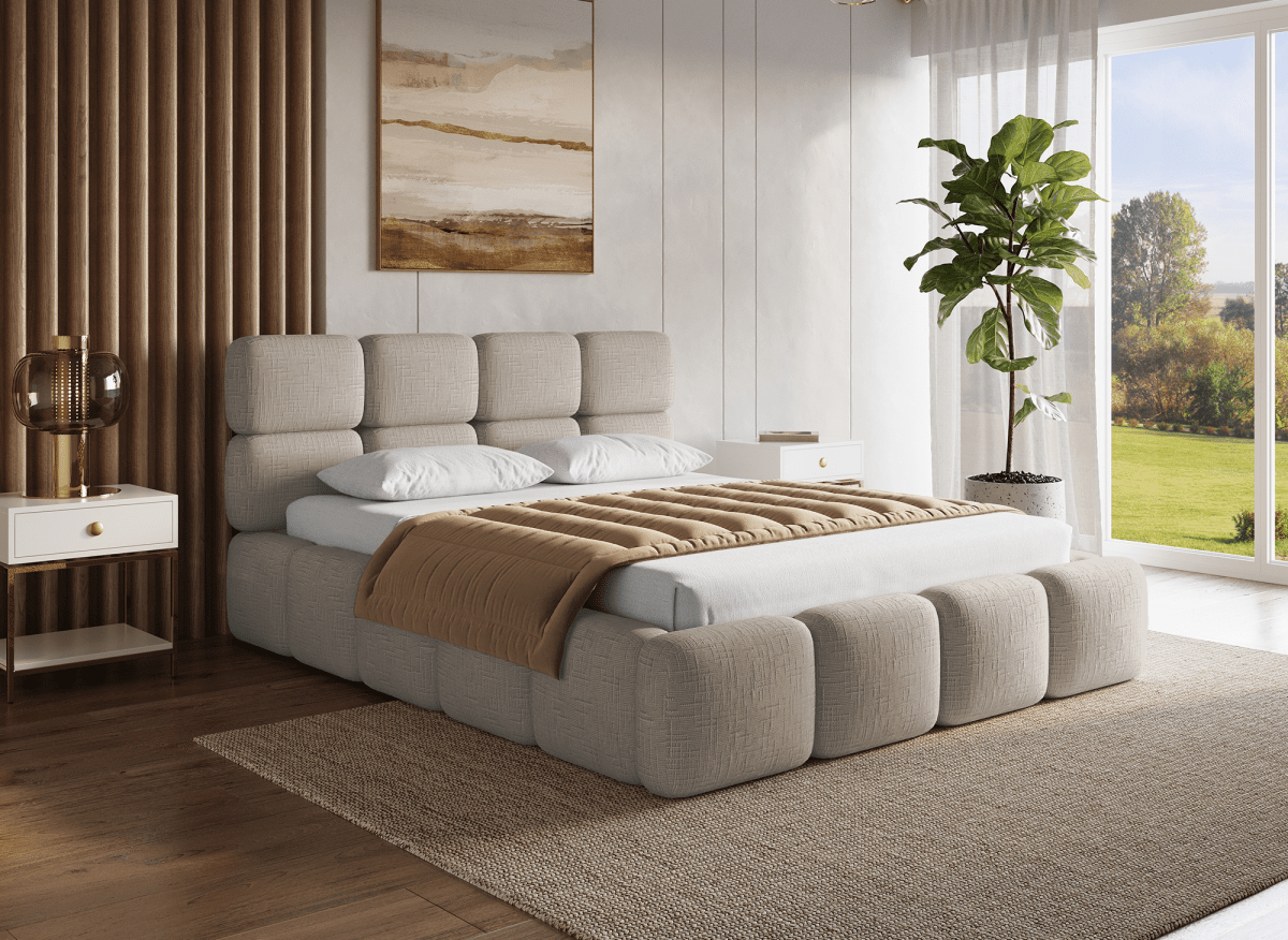 Lit coffre en velours chiné taupe 140x190 cm BUBBLE - DécoInParis