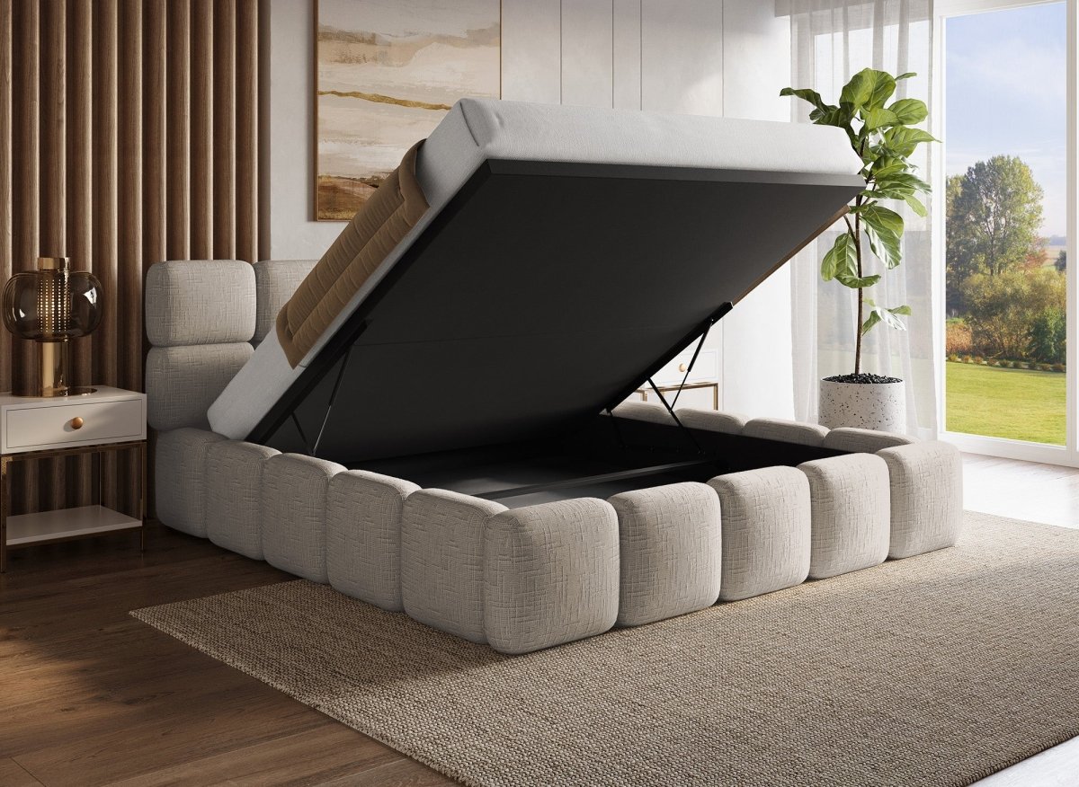 Lit coffre en velours chiné taupe 180x200 cm BUBBLE - DécoInParis