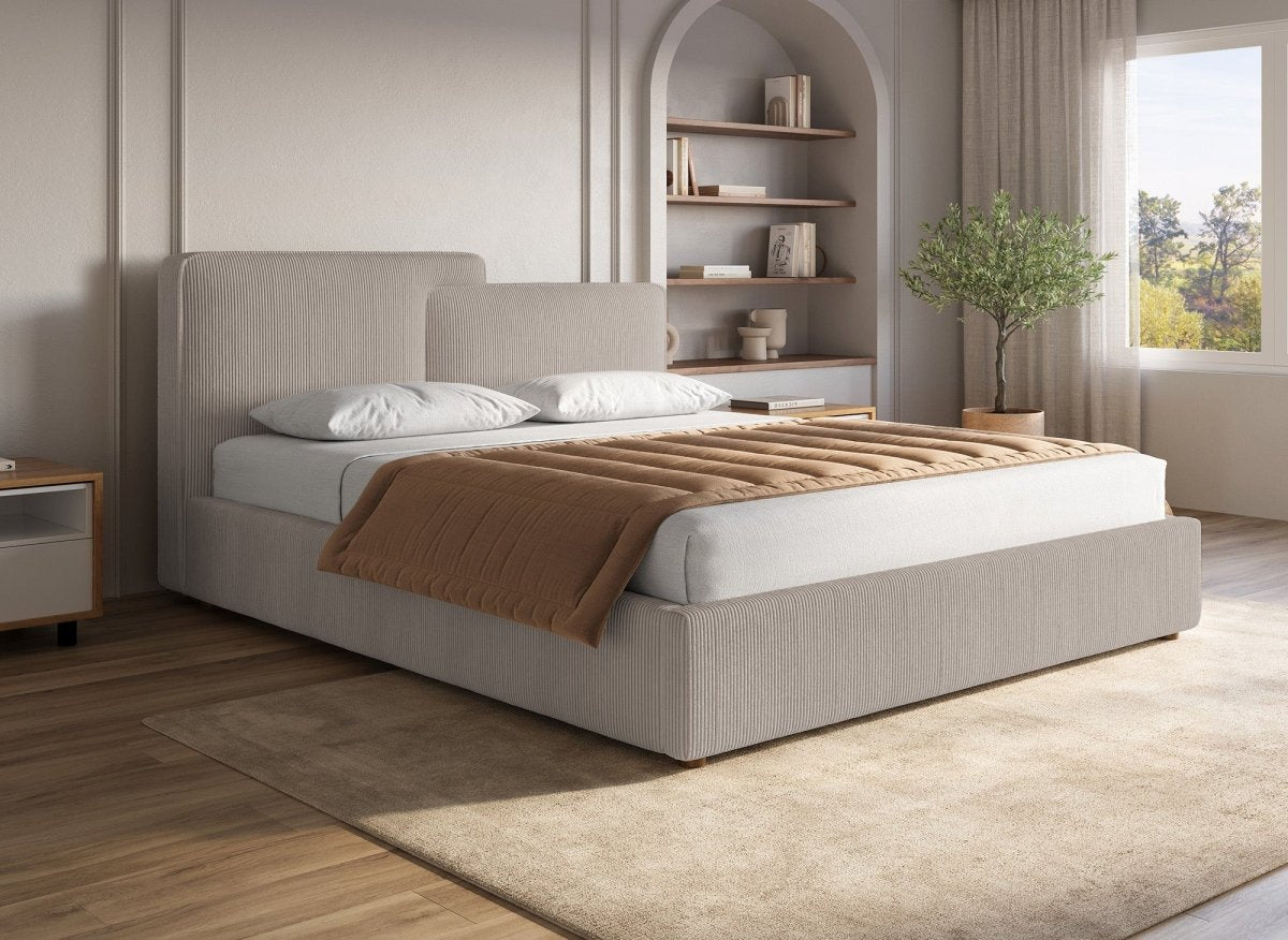 Lit coffre en velours côtelé taupe 160x200 cm ZELIA - DécoInParis