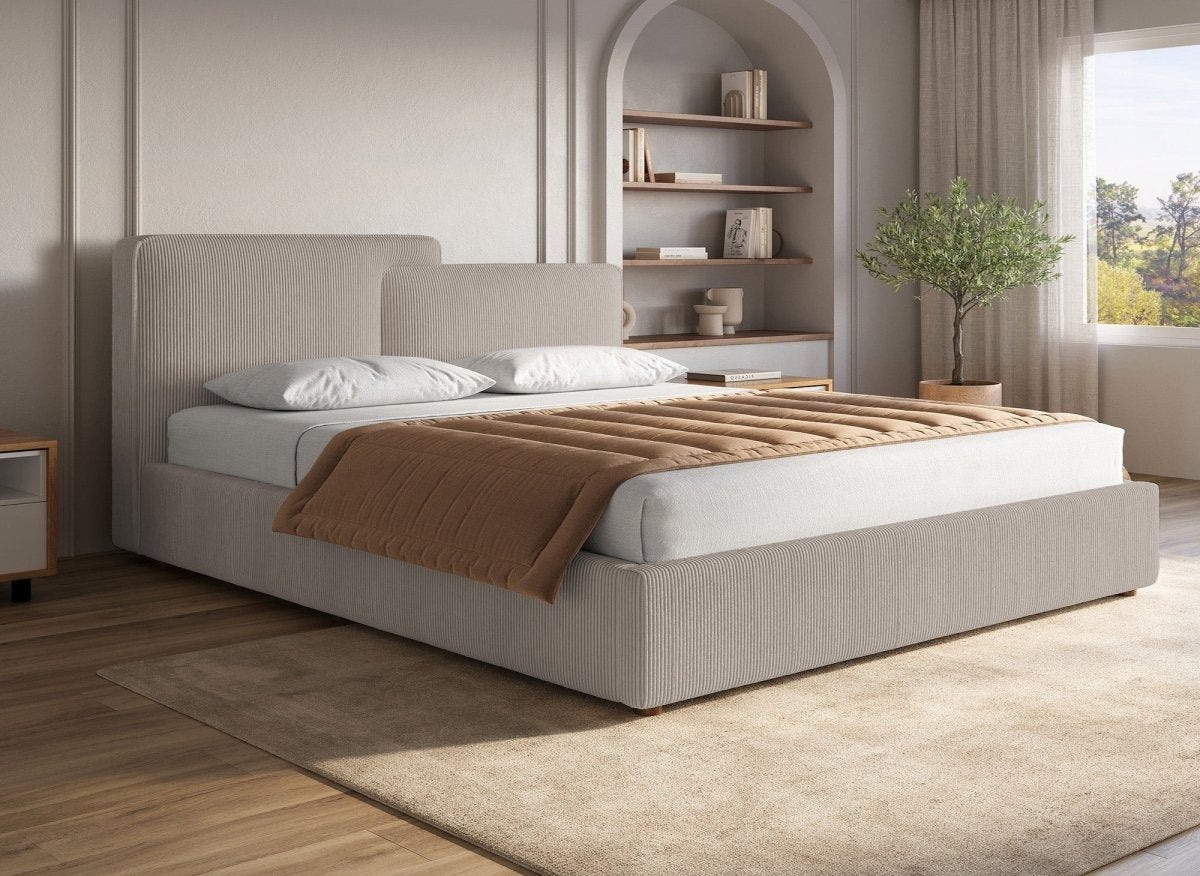 Lit coffre en velours côtelé taupe 180x200 cm ZELIA - DécoInParis