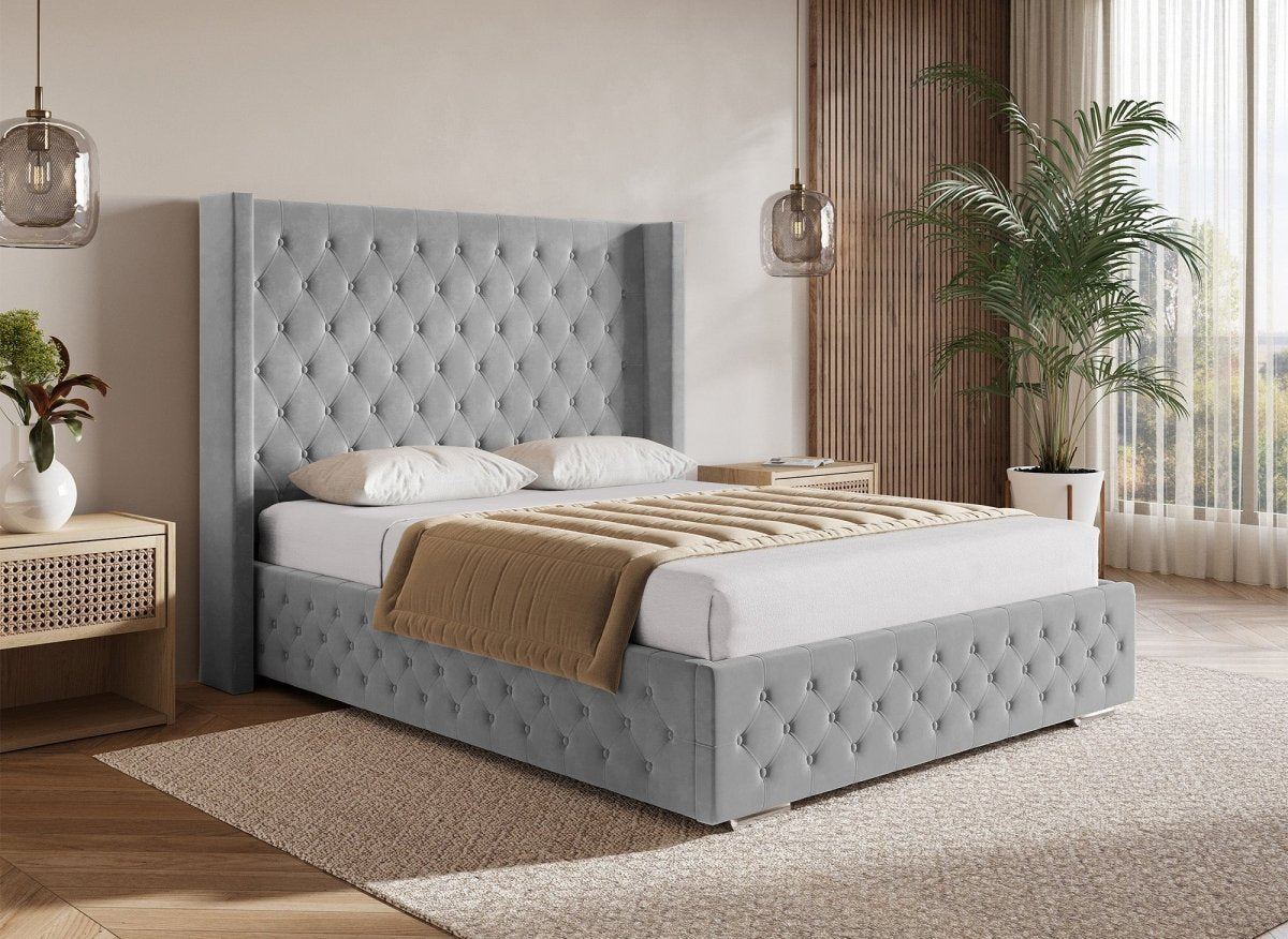 Lit coffre en velours gris 180X200 cm PERLA - DécoInParis