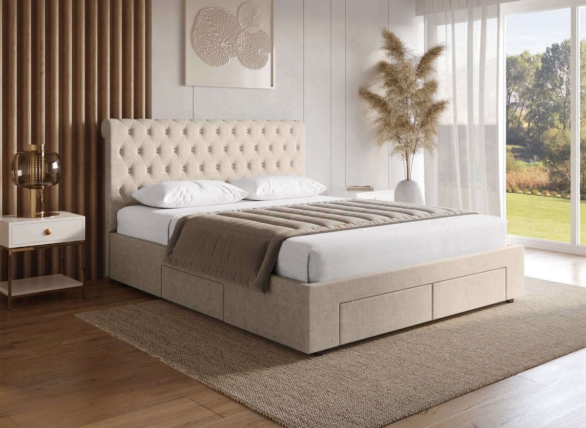 Lit double avec 4 tiroirs en lin beige 160x200 cm LEANDRE - DécoInParis