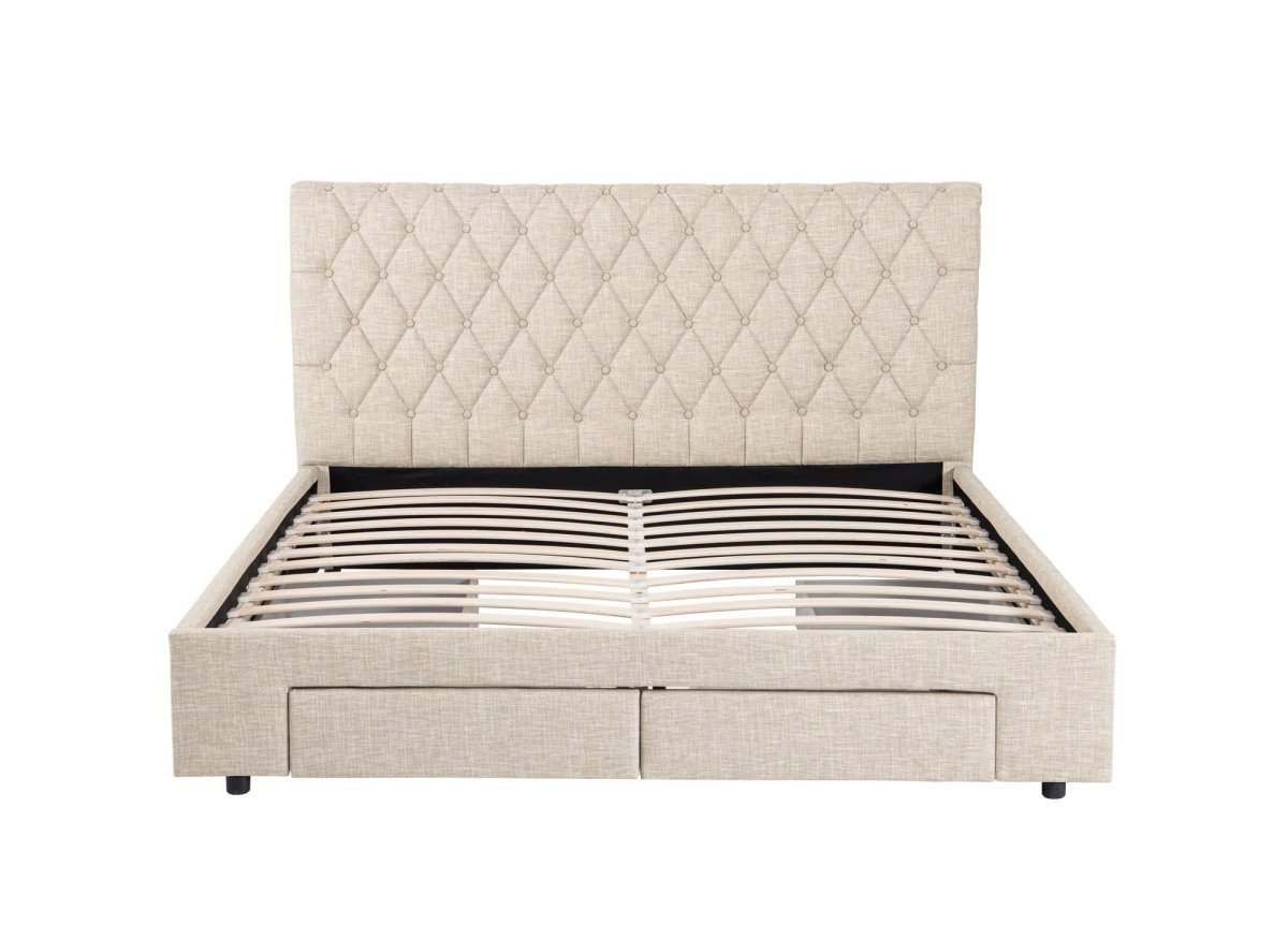 Lit double avec 4 tiroirs en lin beige 180x200 cm LEANDRE - DécoInParis