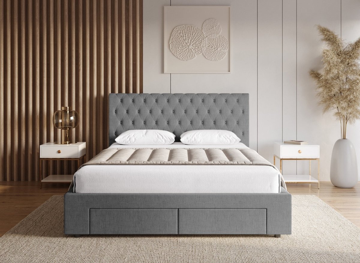 Lit double avec 4 tiroirs en lin gris 140x190 cm LEANDRE - DécoInParis