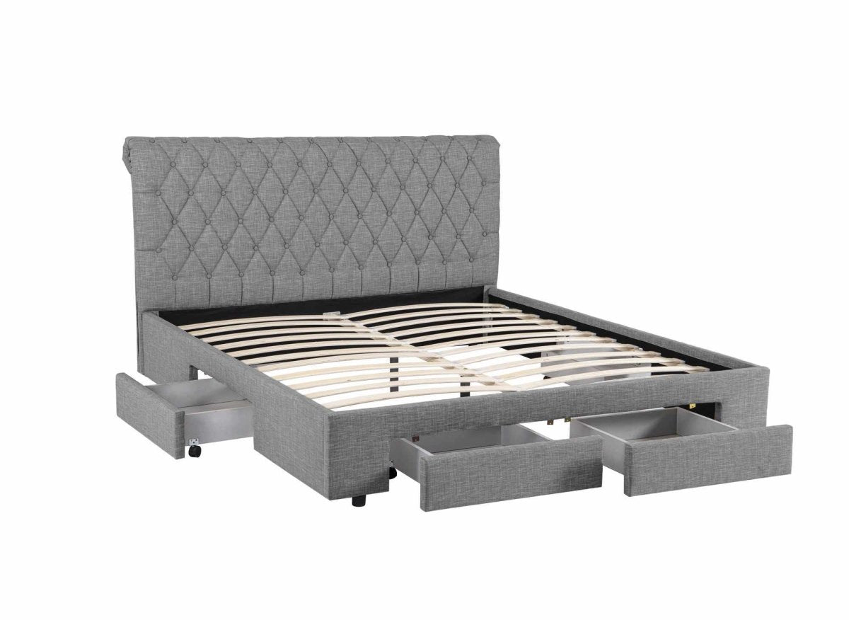 Lit double avec 4 tiroirs en lin gris 140x190 cm LEANDRE - DécoInParis