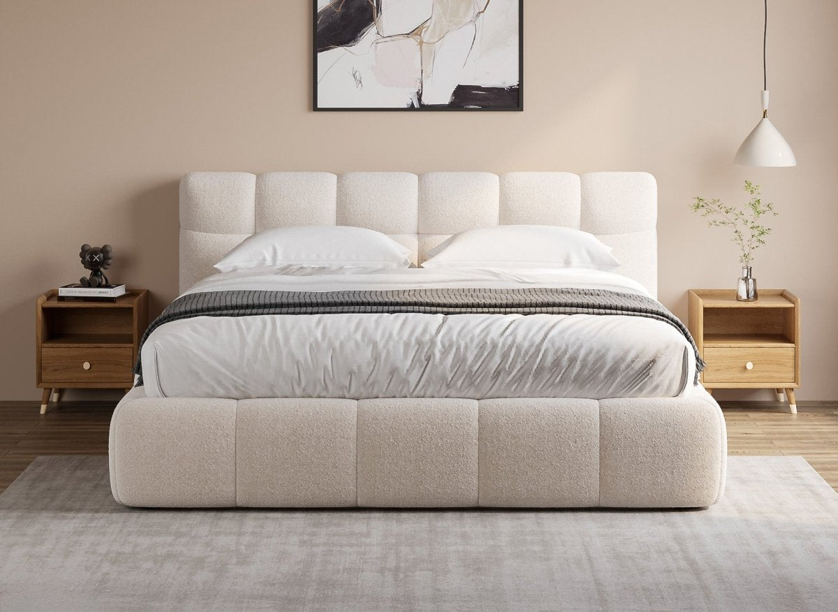 Lit double en tissu bouclette écru 180x200 cm GEORGINA - DécoInParis