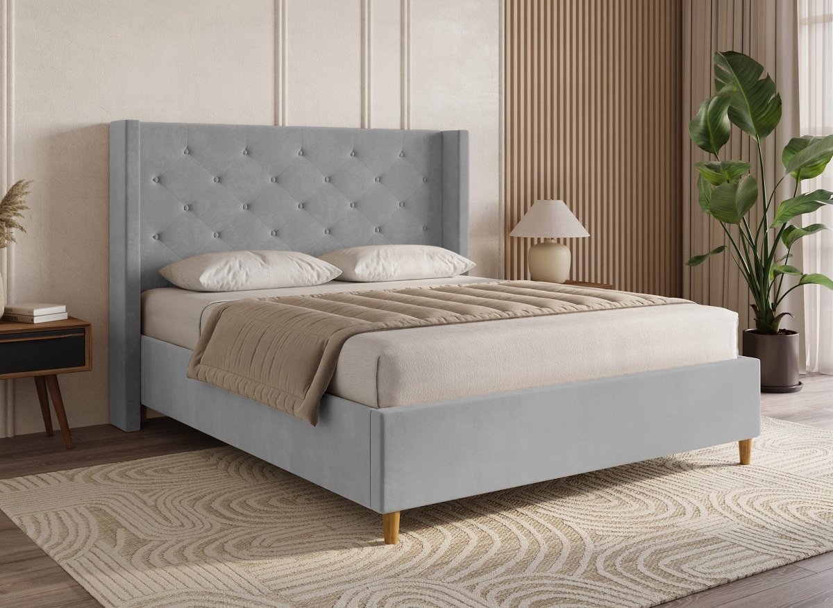 Lit double en velours capitonné gris MAREVA 180x200 cm - DécoInParis