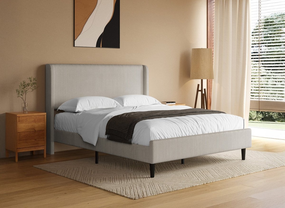 Lit double en velours côtelé épais taupe 140x190cm LEVY - DécoInParis