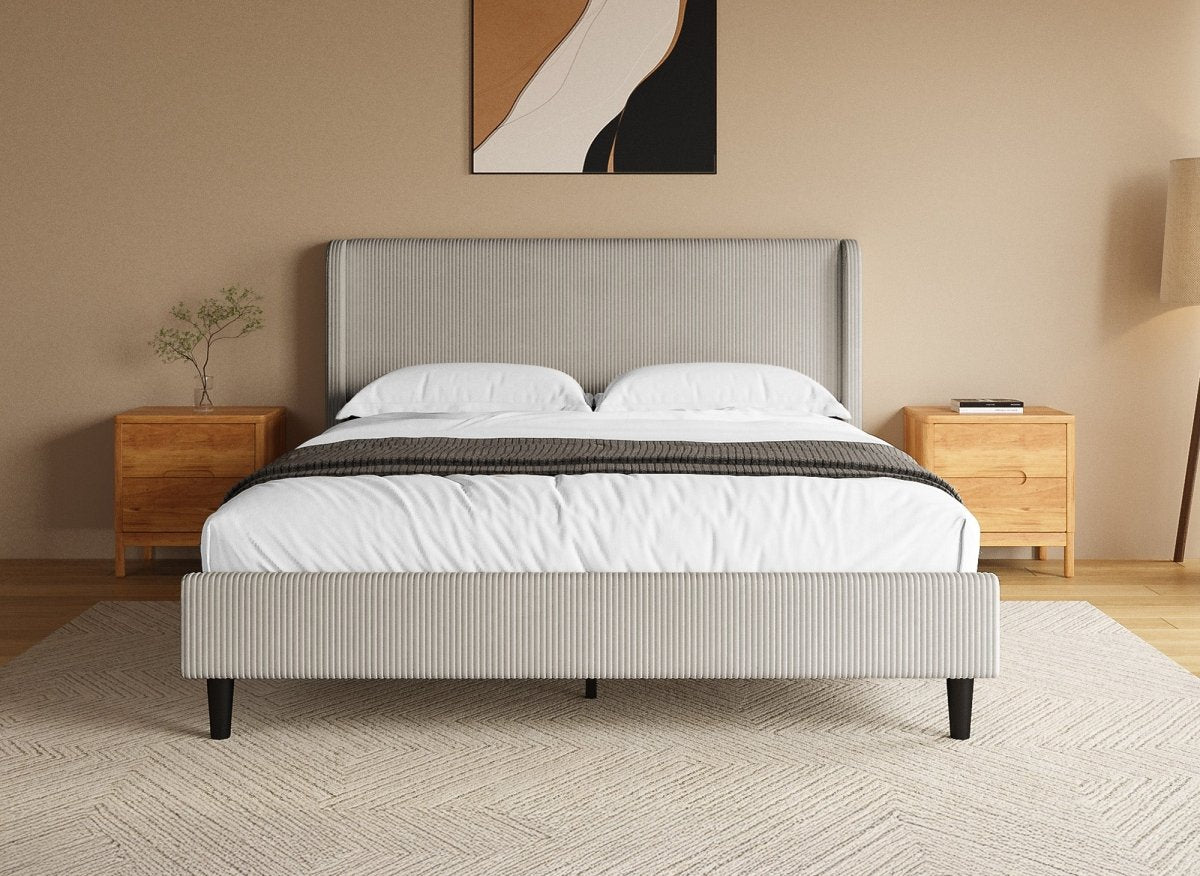 Lit double en velours côtelé épais taupe 160x200cm LEVY - DécoInParis