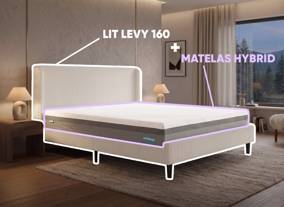 Lit double LEVY 160x200 cm + Matelas HYBRID 160x200 cm - DécoInParis