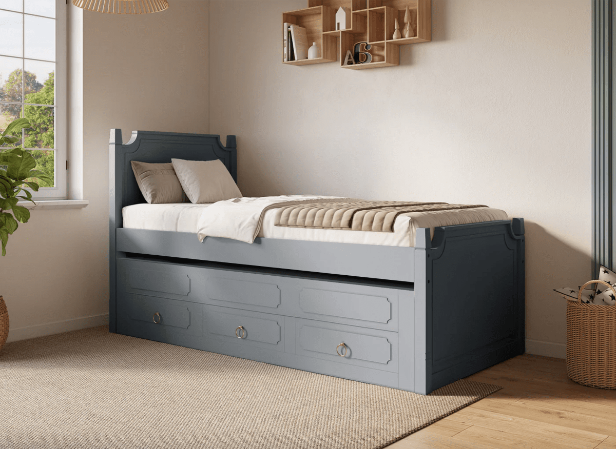 Lit gigogne avec tiroirs en bois gris PAULINE 90 x 190 cm - DécoInParis