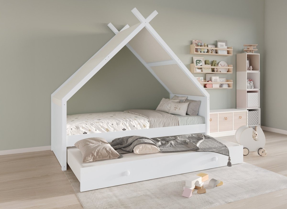 Lit cabane Montessori gigogne LIMEO en bois blanc 90x190, chambre d'enfant