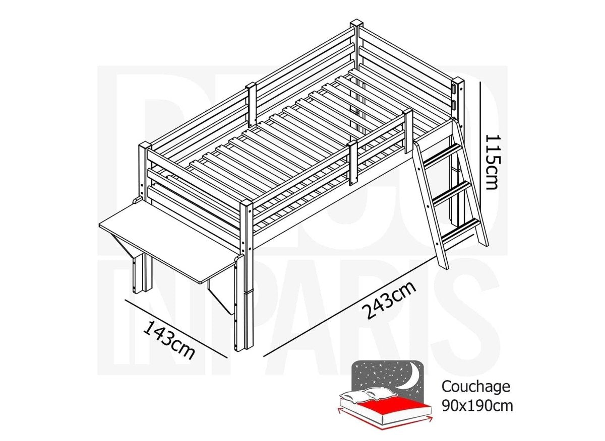 Lit mezzanine mi - hauteur 90 x 190 cm en bois et blanc ARMAND - DécoInParis