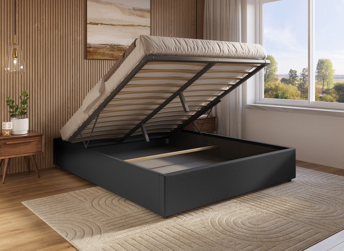 Lit sommier relevable avec coffre en simili cuir noir 140x190 cm LIZBAN - DécoInParis