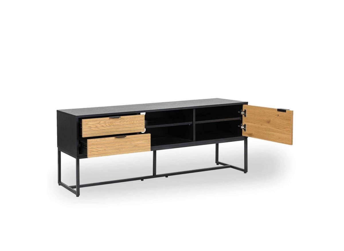 Meuble TV 2 tiroirs 1 porte en bois clair et métal noir TISSIA - DécoInParis