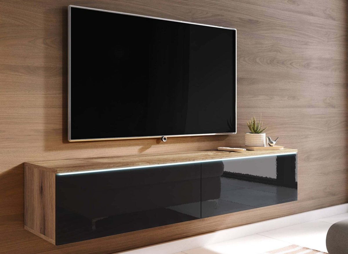 Meuble TV chêne vieilli et noir laqué avec LED 2 portes MALORIE - 140 cm - DécoInParis
