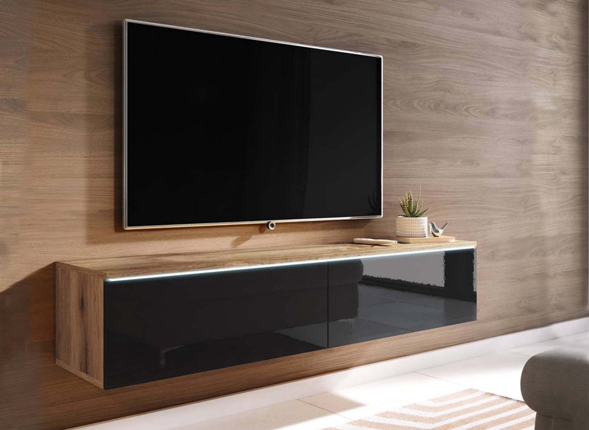 Meuble TV chêne vieilli et noir laqué avec LED 2 portes MALORIE - 180 cm - DécoInParis