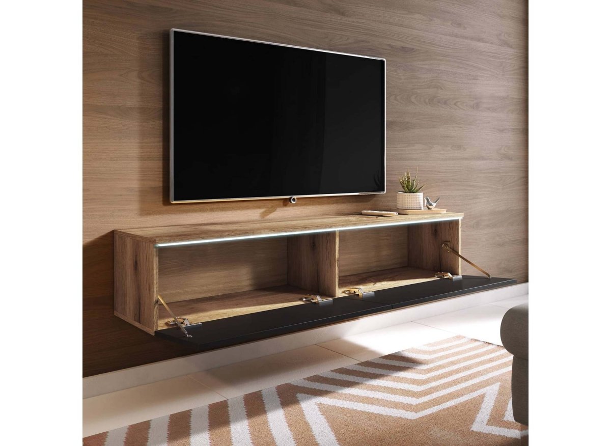 Meuble TV chêne vieilli et noir laqué avec LED 2 portes MALORIE - 180 cm - DécoInParis
