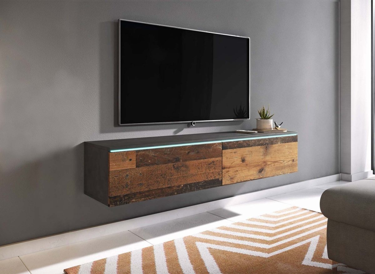Meuble TV contemporain anthracite et chêne avec LED 2 portes MALORIE - 180 cm - DécoInParis
