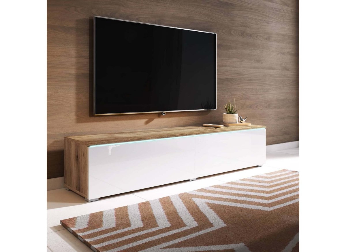Meuble TV contemporain en chêne et blanc avec LED 2 portes MALORIE - 180 cm - DécoInParis