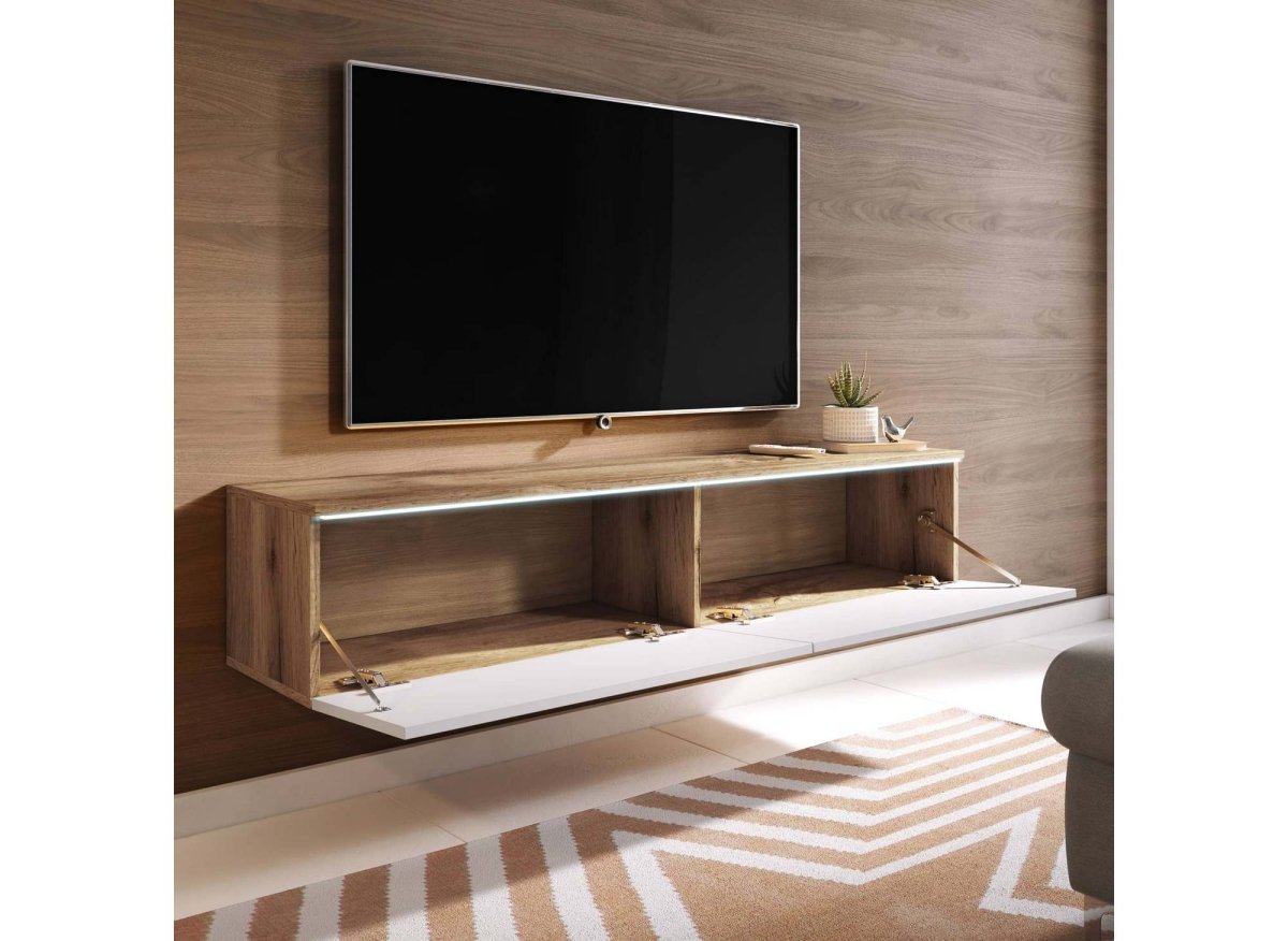 Meuble TV contemporain en chêne et blanc avec LED 2 portes MALORIE - 180 cm - DécoInParis