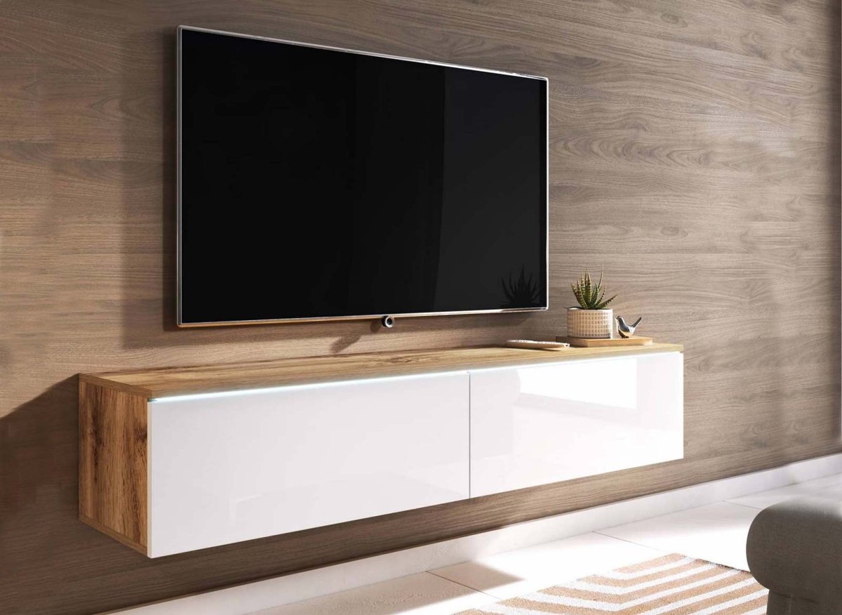 Meuble TV contemporain en chêne et blanc avec LED 2 portes MALORIE - 180 cm - DécoInParis