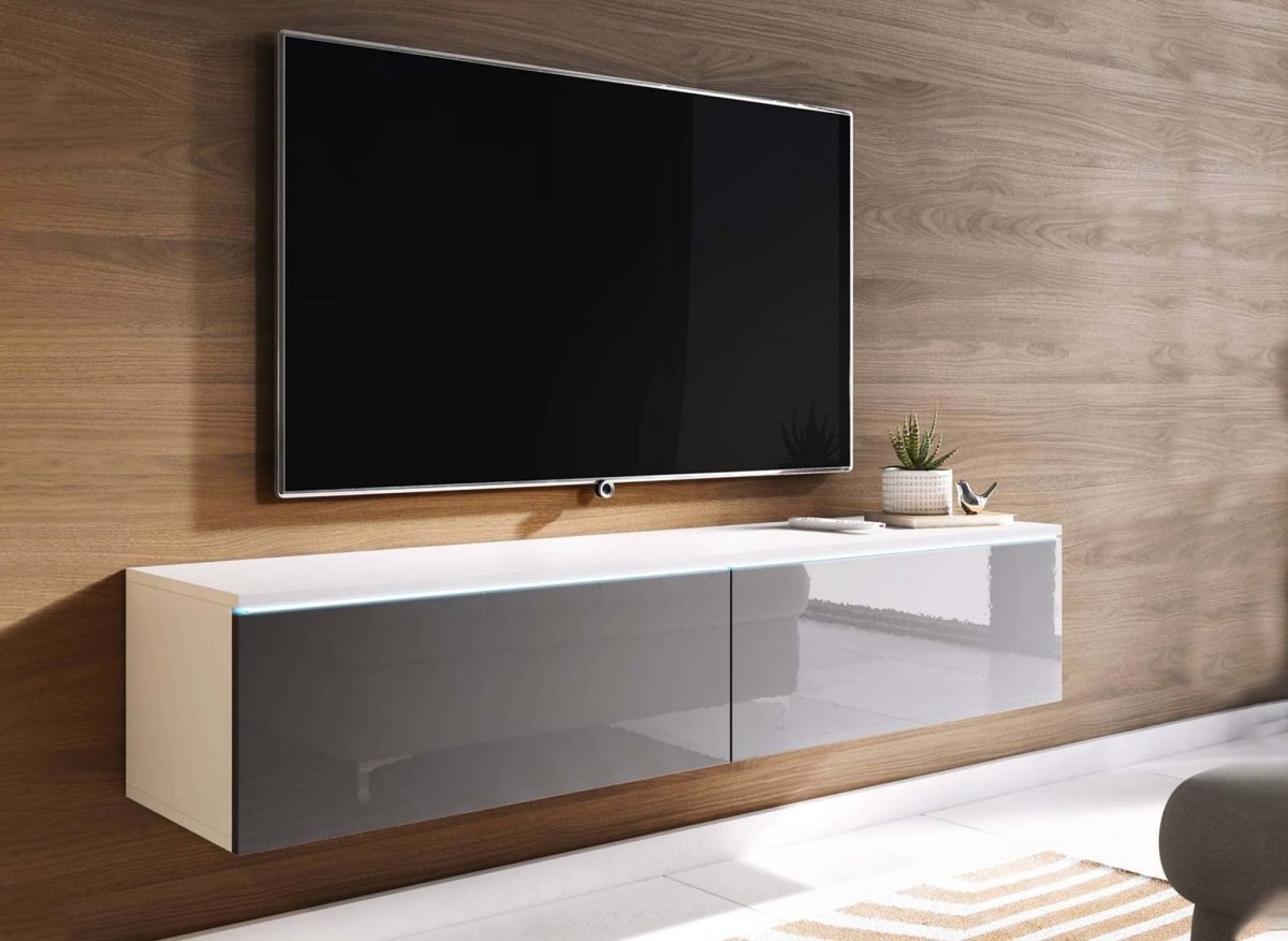 Meuble TV contemporain laqué gris et blanc avec LED 2 portes MALORIE - 180 cm - DécoInParis