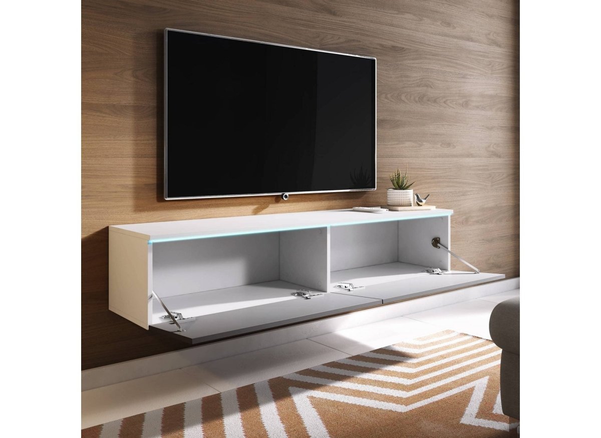Meuble TV contemporain laqué gris et blanc avec LED 2 portes MALORIE - 180 cm - DécoInParis