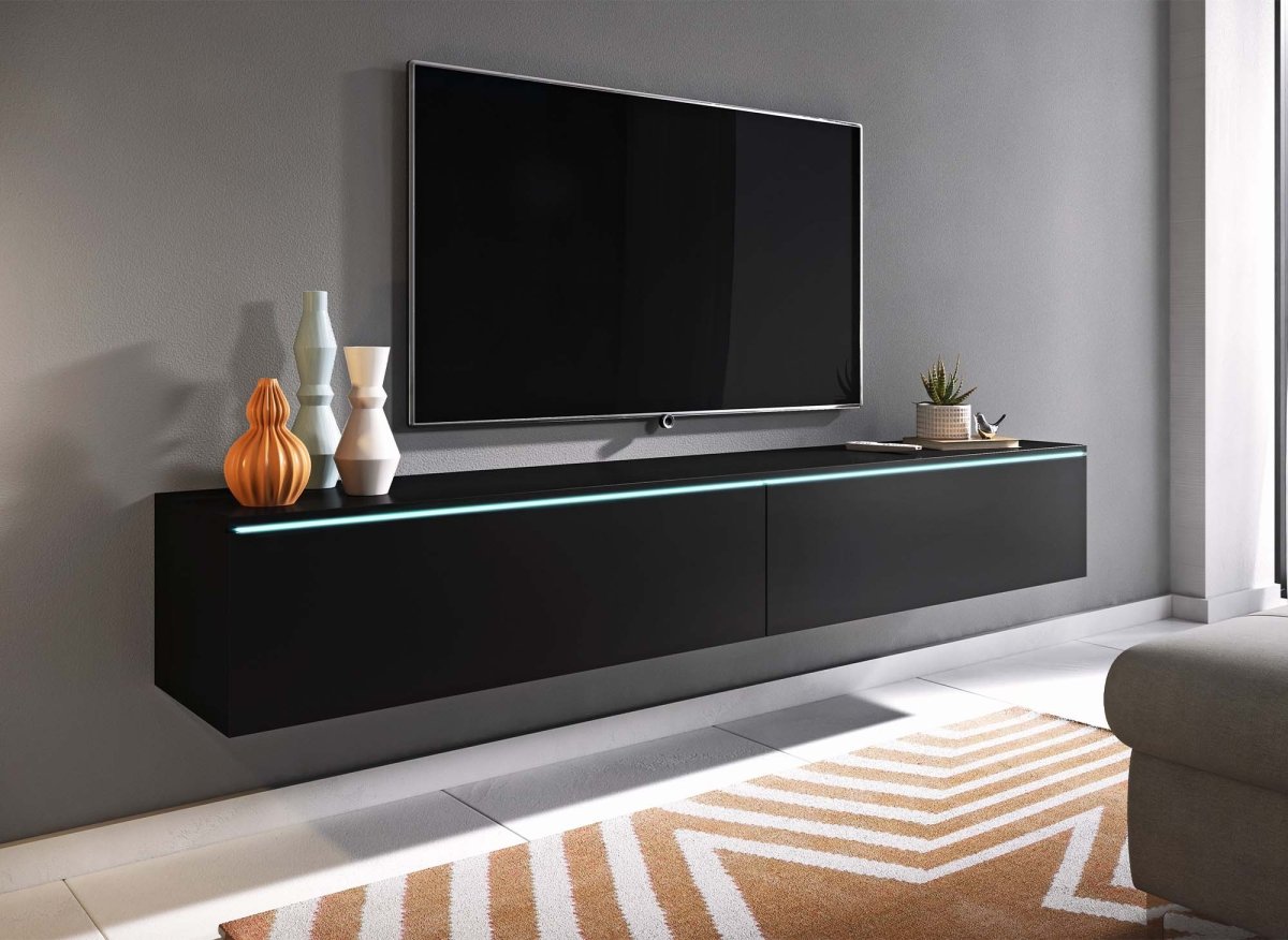 Meuble TV contemporain noir avec LED 2 portes MALORIE - 180 cm - DécoInParis
